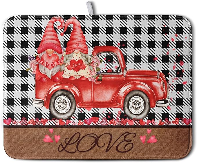 Valentine's Day Dish Drying Mats for Kitchen Counter, Buffalo Plaid Truck Kitchen Drying Mat, Love Heart Gnome Absorbent Dishes Pad 18 x 24 Inch - Farmhouse Decor Valentines Gift