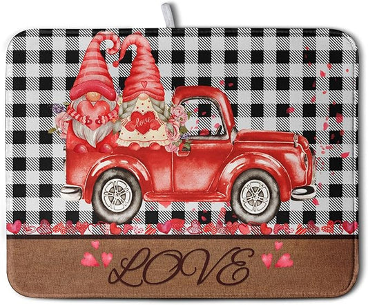 Valentine's Day Dish Drying Mats for Kitchen Counter, Buffalo Plaid Truck Kitchen Drying Mat, Love Heart Gnome Absorbent Dishes Pad 18 x 24 Inch - Farmhouse Decor Valentines Gift
