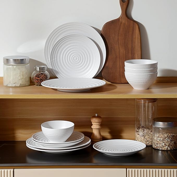 White Melamine Dinnerware Sets,12PCs Anti-scratch Dishes Set, Lightweight and Non breakable Dinnerware,Suit for Indoor and Outdoor Use, Dishwasher Safe,BPA free (Classic White)