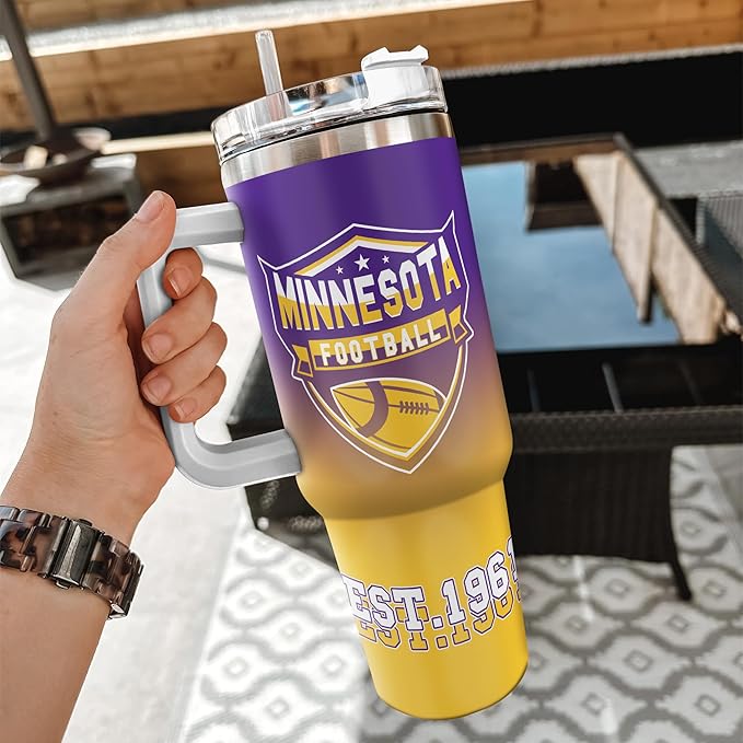 Custom Football Tumbler with Handle & Straw, Personalized 40oz Stainless Steel Insulated Travel Mug, Name & Number Cup, Sports Gift for Game Day Fans (Minnesota)