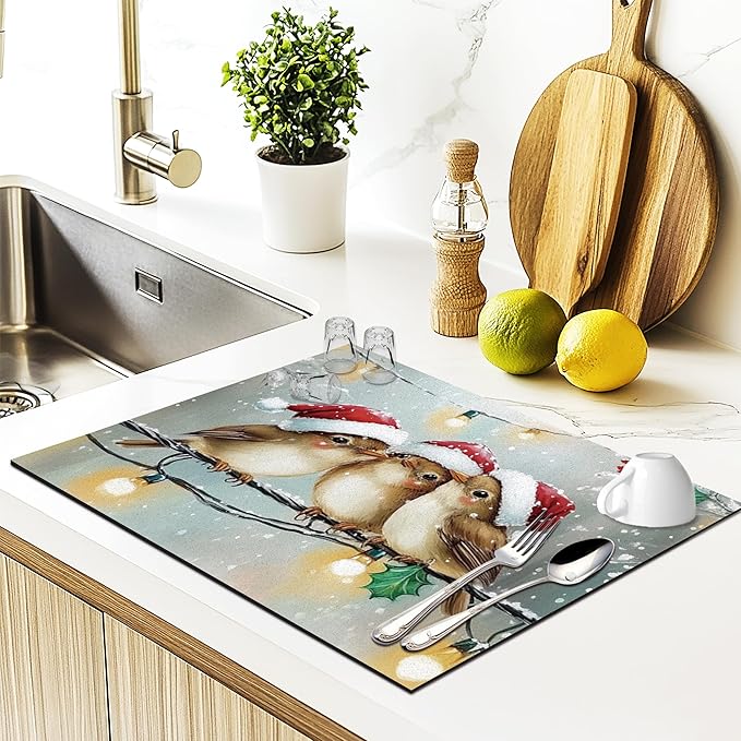 Winter Christmas Bird Dish Drying Mat, Bird Lover Gifts, Rustic Winter Xmas Sparrow Birds Absorbent Dish Drainer Reusable Washable Drying Mat Pad for Kitchen Counter, 12×15 Inch