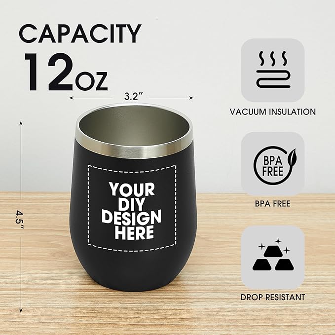 Personalized Custom Wine Tumbler Print in USA 12oz Stainless Steel Travel Coffee Cup with Lid & Straw Double Wall Insulated Mug with Colorful Text Logo Photo