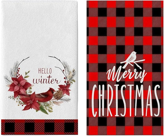 Christmas Kitchen Towels 2-Pack 18x26 Inch - Festive Red Black Plaid Dish Cloths, Absorbent Xmas Tea Towels for Holiday Decor & Gifts