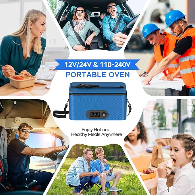 Portable Oven, 12V 24V 110V-240V Car Food Warmer Portable Personal Mini Oven Electric Heated Lunch Box for Meals Reheating & Raw Food Cooking for Road Trip/Camping/Picnic/Family Gathering(Blue)