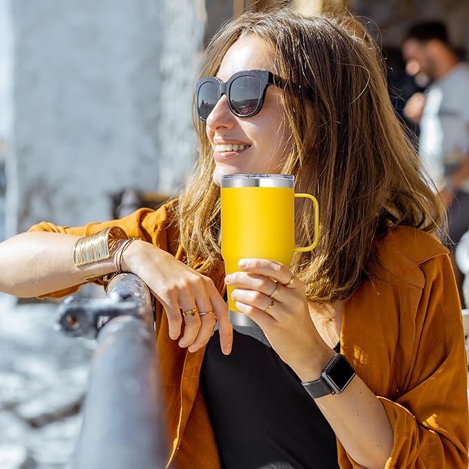 20 oz Stainless Steel Tumbler with Handle Bulk Metal Insulated Tumblers Travel Coffee Mug with Handle Double Wall Tumbler Cup with Lid and Straw, Yellow 6 Pack