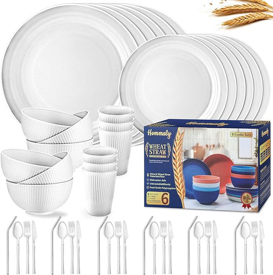 Wheat Straw Dinnerware Sets,48-Piece Plates and Bowls Sets for 6-Unbreakable,Reusable Plastic Dish Set-Dinner Plate/Dessert Plate/Cereal Bowl/Cup/Utensils-Microwavable Dishwasher Safe 48P-Light Gray