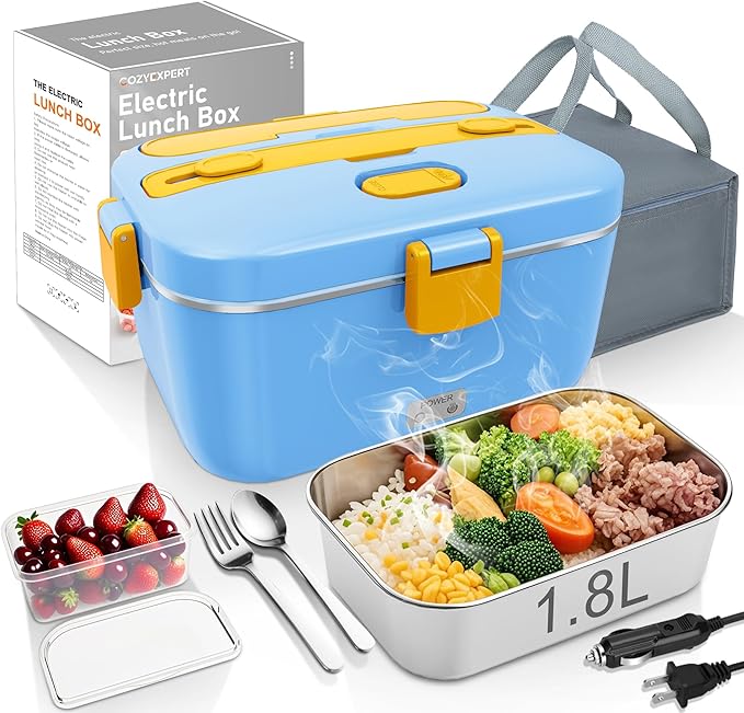 100W Heated Lunch Boxes for Adults 12V 24V 110V-230V Electric Lunch Box Food Heater for Car/Truck Portable Food Heating Boxes with 1.8L 304 SS Containe