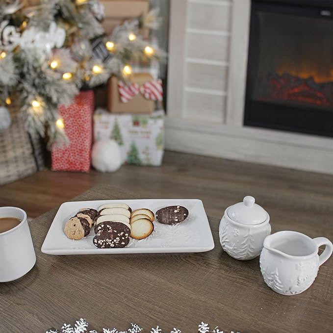 AuldHome Design Reindeer Christmas Tree Platter; Ceramic Embossed White Serving Tray