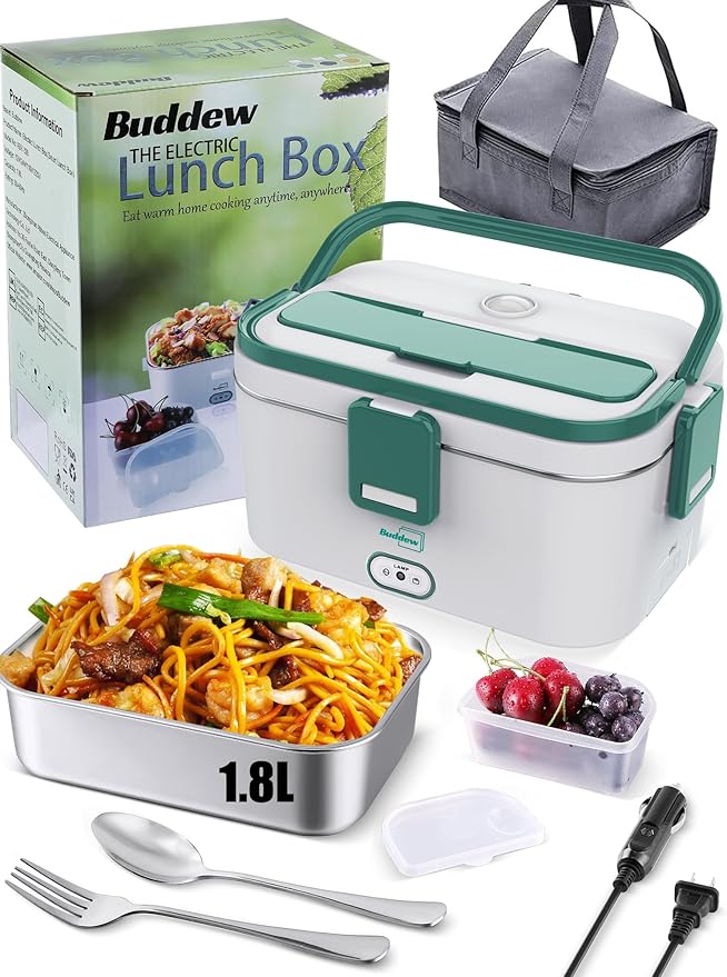 Buddew Electric Lunch Box for Adults, 80W Heated Lunch Box 1.8L Stainless Steel Portable Food Warmer,12/24/110V Lonchera Electrica Portatil for Travel & Work, Loncheras para Hombres de Trabajo(Green)