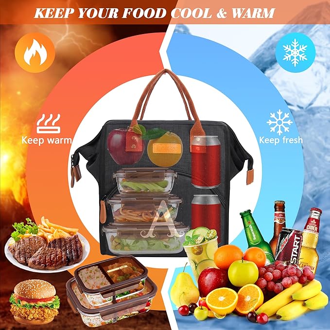 Personalized Lunch Box for Women, Initial Reusable Insulated Lunch Bag, Wide-Open Adult Lunchbox Cooler Lunchbag Snack Organizer, Initial Leakproof Lunch Tote Bag for Picnic Work Outdoors Black - N