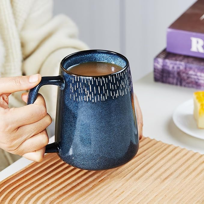 24 OZ Extra Large Ceramic Coffee Mug, with Spoon and Wooden Lid, Big Tea Cups with a Large Handle for Office and Home, Microwave and Dishwasher Safe (24 OZ Star Blue Set)