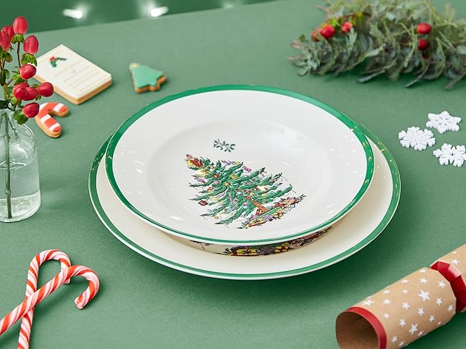 Spode Christmas Tree 9" Soup Plate (Set of 4) – Stoneware Bowls with Festive Tree Design & Green Rim, Ideal for Serving Soup, Pasta, Salad – Microwave & Dishwasher Safe Holiday Dinnerware