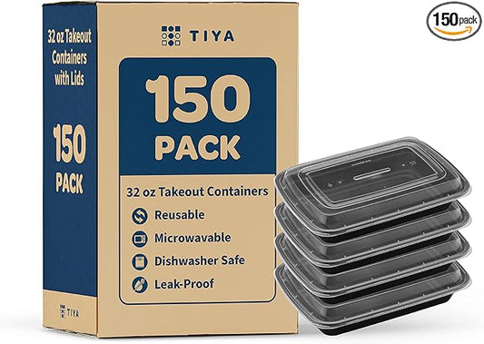 TIYA Food Containers - 32 oz Bulk 150 Pack with Lids - Rectangular Plastic To-Go Containers - Reusable, Microwavable, Dishwasher Safe - Leak-Proof for Meal Prep - BPA-Free