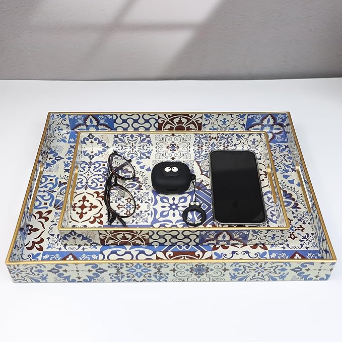 Spsyrine Decorative Serving Tray with Handles, Lacquered Coffee Table Tray for Ottoman, Rectangular Waterproof Platters for Centerpieces, Parties, Living Room, Kitchen Counter Organization SP3040RE1
