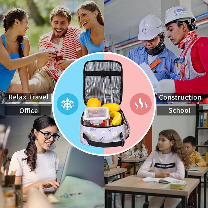 SUPLUCHOM Lunch Bag Butterfly Daisy Flower Purple Insulated Bag Girl Women Reusable with Side Pocket for Work School Picnic Hiking Daytrip Over 3 Years Old