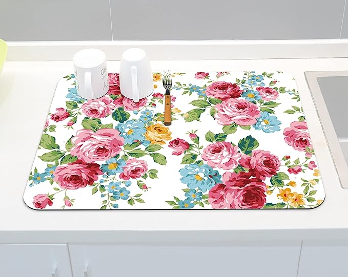 Rubber Dish Drying Mat for Kitchen Counter Large Pink Red Roses Floral Washable Quick Home Coffee Pad Fit Under Sink,Bar,Utensils 18x24in