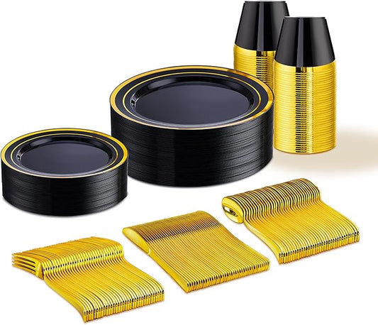 WELLIFE 150 PCS Black and Gold Disposable Dinnerware Set, Plastic Plates for Party, Including 25 Dinner Salad Plates, Cups, Forks Knives Spoons for Halloween and Party Supplies