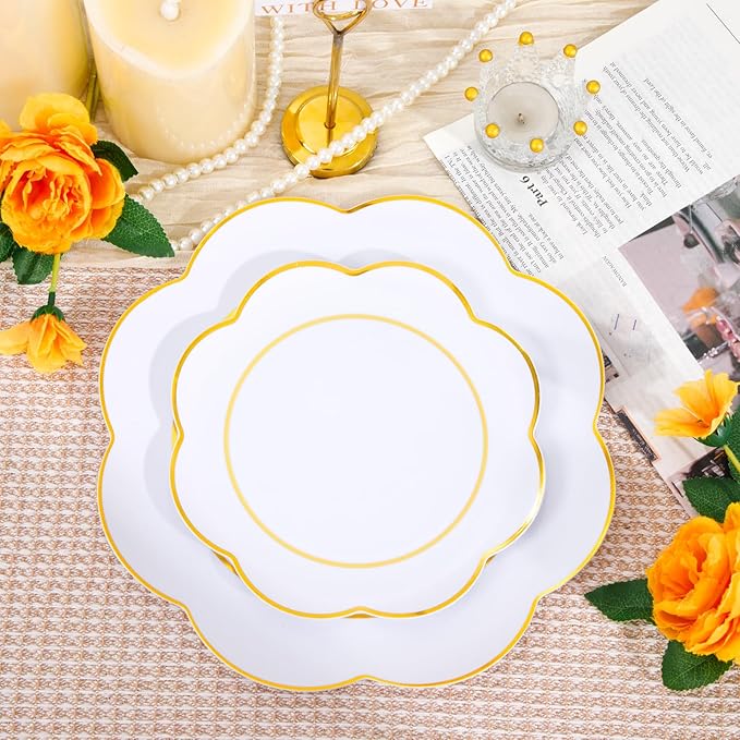 WONDERFUL 60pcs White Plastic Plates Disposable Heavy Duty White and Gold Plastic Plates for Party High-End Plate Includes 30 10.25in Dinner & 30 7.5in Dessert Plate Wedding/Christmas/Thanksgiving