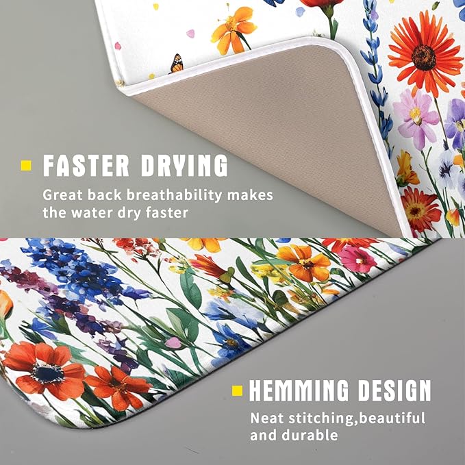 Watercolor Flower Dish Drying Mat 16x18 Inch Floral Butterfly Dish Drainer Protector Pad Washable Reversible Kitchen Counter Dish Dry Pad