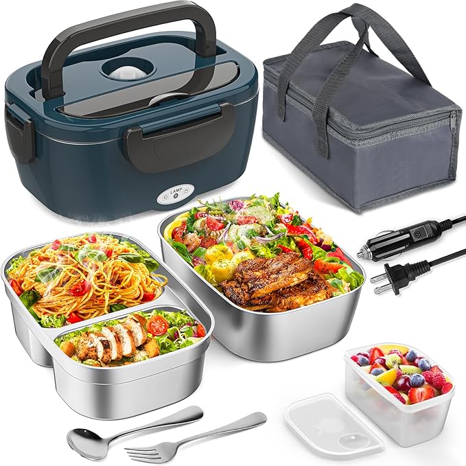 Vingud Electric Lunch Box, Heated Lunch Box for Adults with 2 Stainless Steel Container, 1.5L Portable 80W Food Warmer Lunch Boxes for Car/Truck/Work/Home