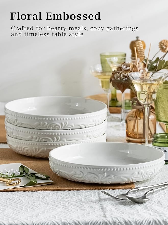 YHOSSEUN Ceramic Pasta Bowls Set of 4, 50 OZ Large Salad Serving Bowl, 9.75" Pasta Plates Shallow Bowl Plate, Microwave Dishwasher Safe, Embossed Morning Glory