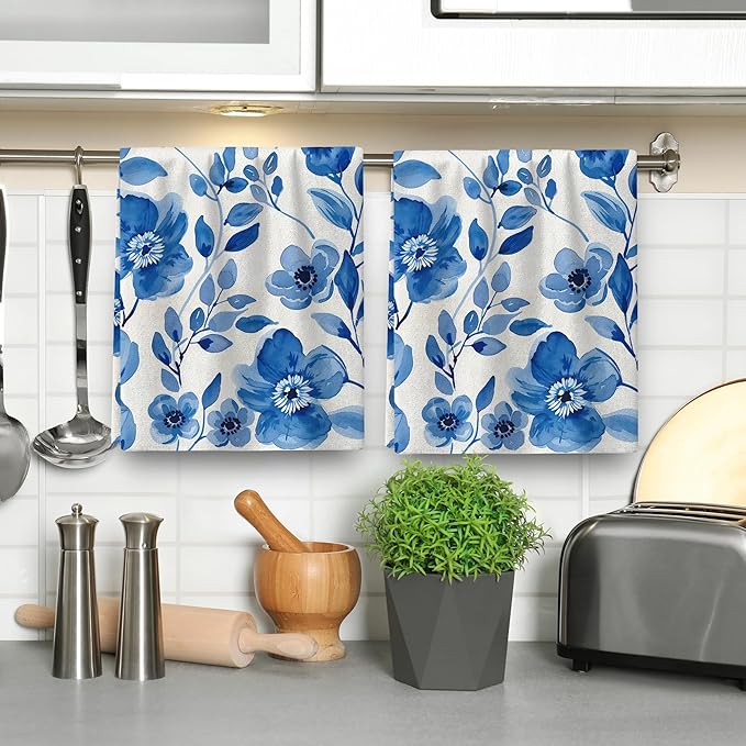 Blue Flower Kitchen Dish Towels Set of 2, Watercolor Floral Tea Towels for Kitchen Baking Cooking Spring Summer Holiday Home Decor 16"x24", Soft Absorbent Modern Hand Drying Cloth