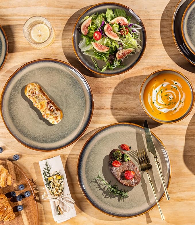 TheTerra Ceramic Dinnerware Sets for 6, 18 Pieces Porcelain Lightweight Plates and Bowls Sets, Scratch Resistant Dish Set, Oven & Microwave & Dishwasher Safe, Coffee Bean