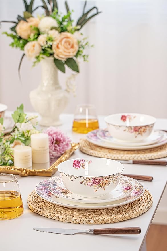 Bone China Plates and Bowels,12-Pieces Dinnerware Sets, Highly Chip and Crack Resistant, Dishwasher & Microwave Safe Dishes Set, Dense and Translucence