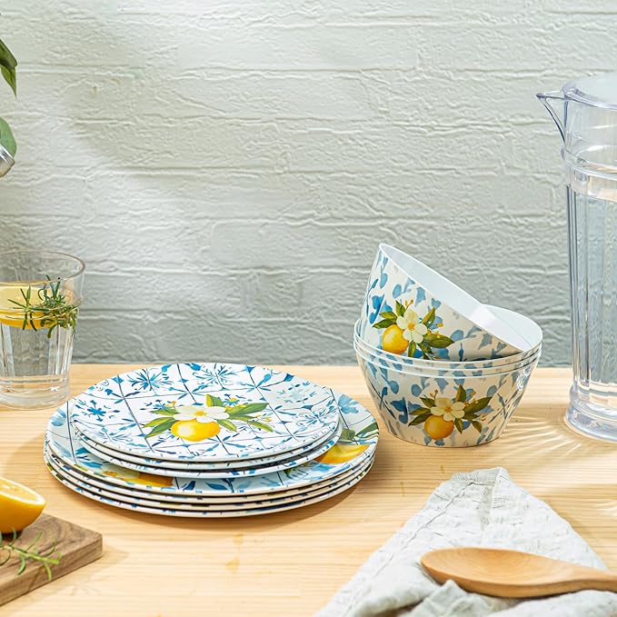 Bzyoo 12-Piece Melamine Dinnerware Set - Lemon Tiles | Lightweight, Durable, BPA-Free | Dishwasher Safe Dish Set for Indoor & Outdoor Use - Perfect for Camping, BBQs