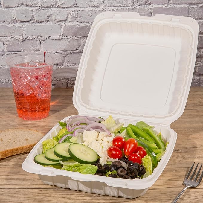 CIAO! 9"x9"x3" MFPP White Hinged Container With Lid 1 Compartment (Case of 150)