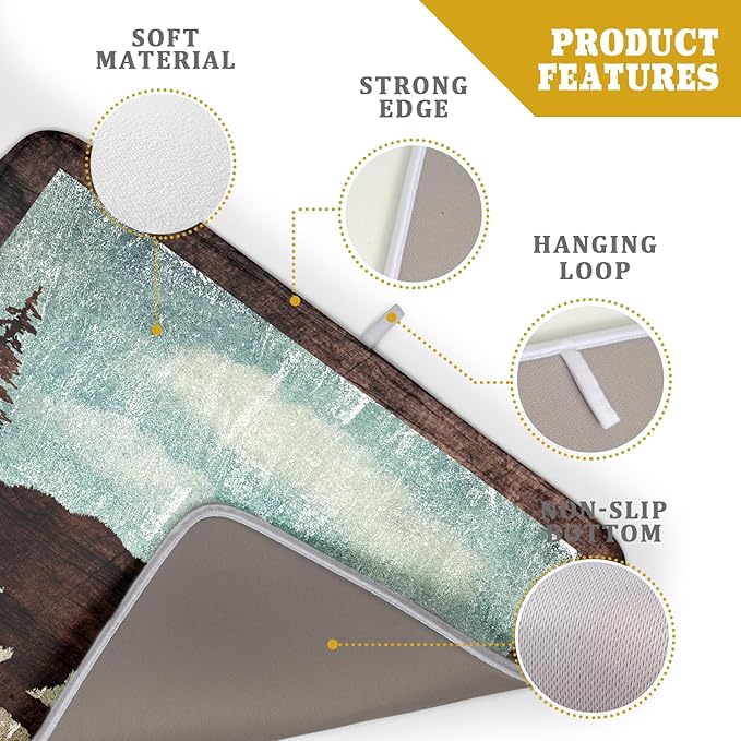 Retro Brown Bear Forest Cabin Dish Drying Mat Countertop 18x24 Fall Blue Sky Cloud Cartoon Wild Animal Bushes Drainer Mat Pine Tree Grass Dishes Pad Rustic Floral Dish Drainer Rack Winter Wildlife