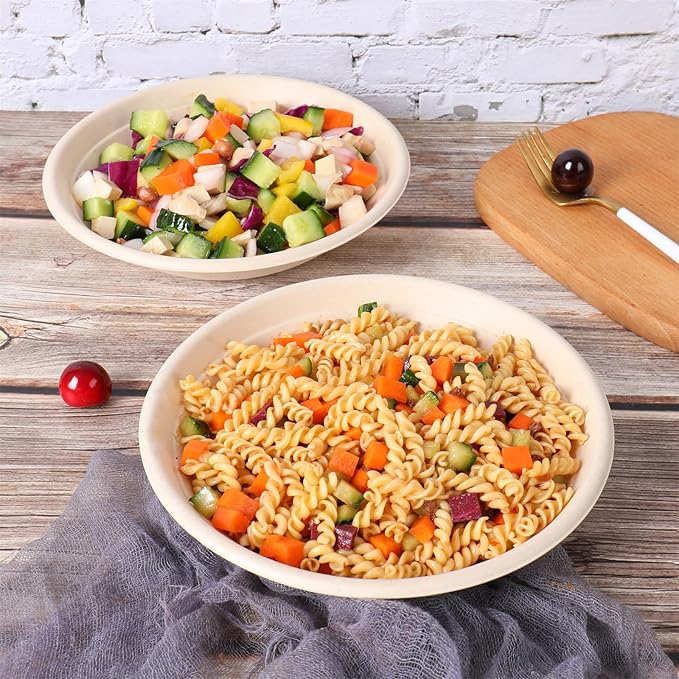 24 oz Round Disposable salad bowls with lids,Sugarcane Paper Bowls take away food containers Bagasse Plant Fibers 50 Pack