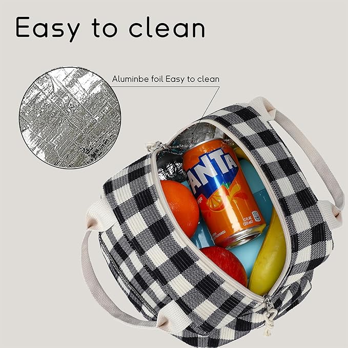 BTOOP Lunch Box for Women Men Cute Corduroy Lunch Bags Large Capacity Insulated Lunch Tote Bag For Work Travel Or Picnic (Black-White-Grey Checkered)