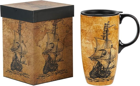 Topadorn Ceramic Mugs Porcelain Latte Tea Cup Coffee Mug with Lid and Gift Box,17oz.Sailing Ship