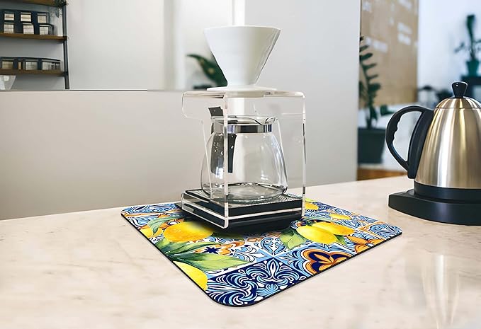 Rubber Dish Drying Mat for Kitchen Counter Large Lemon Washable Quick Home Coffee Pad Fit Under Sink,Bar,Utensils 16x18in