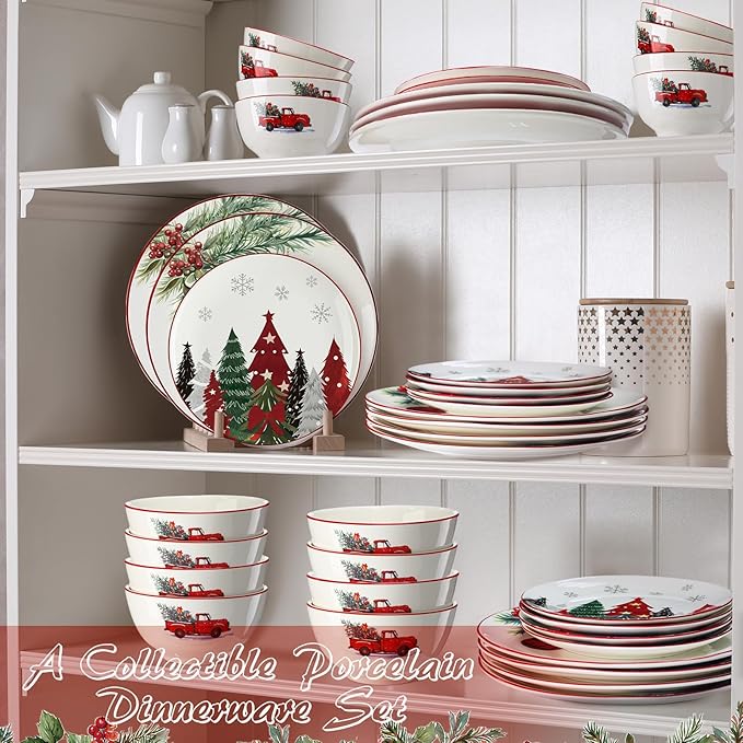 LemonRoad 18 Pcs Christmas Dinnerware Set Serve for 6 Guest Ceramic Christmas Dishes Xmas Tableware Collection Holiday Plates and Bowls Set for Festive Party Kitchen Decoration