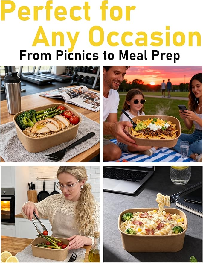 25OZ Paper Food Containers [with Lids & Forks] Disposable Meal Prep Containers 50 Pack Rectangle Take Out Box for Salad, Hot/Cold Food, Treat Serving Bowls for To Go Food, Office Lunch, Picnic, Party