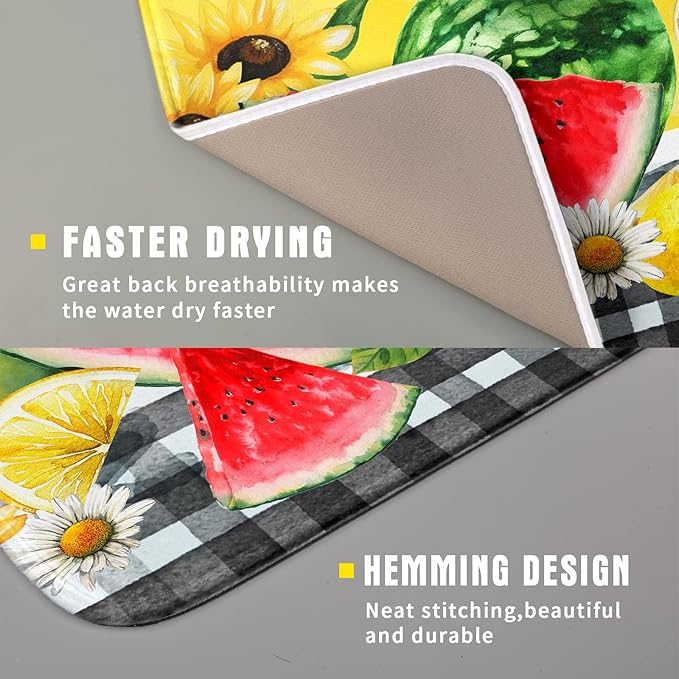 Summer Watermelon Dish Drying Mat Microfiber,Yellow Lemon Buffalo Plaid Dishes Drainer Mats 16x18 Inch,Absorbent Washable Large Drainer Rack Pad Protective Kitchen Counter Decor