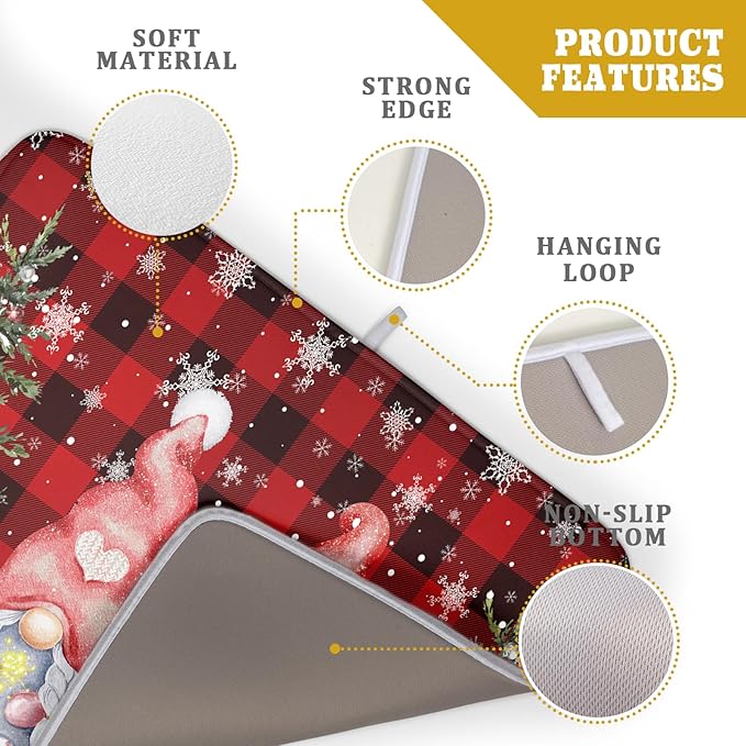 Winter Gnome Dish Drying Mat 18x24 inch Christmas Elf Trees Snowflakes Dish Drainer Mats Large Black Red Buffalo Plaids Fast Drying Absorbent Dish Drying Pad for Kitchen Countertop Holiday Decor