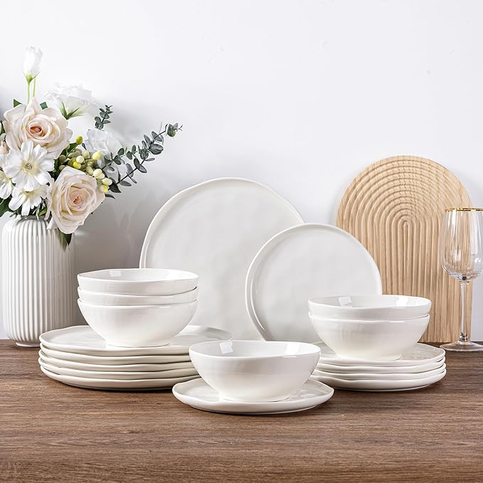 LERATIO Ceramic Dinnerware Sets for 6,Porcelain Plates and Bowls Sets with Wavy Edge, Oven &Microwave & Dishwasher Safe,Light Weight & Scratch Resistant Dishes Sets-Service for 6 (18pcs)-Peal White