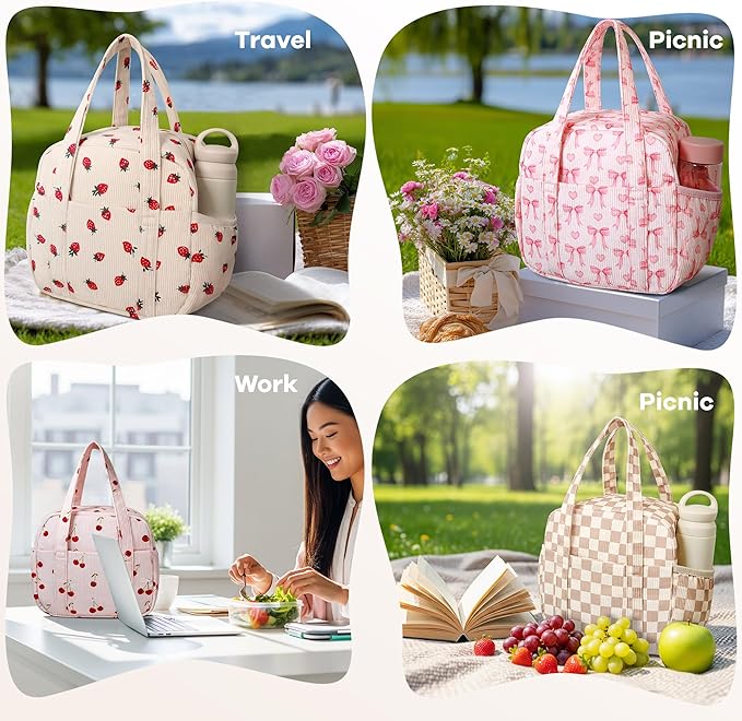 Yarnic Lunch Bag Women Men Insulated, Large Corduroy Lunch Box for Work with Bottle Pockets, Stylish Reusable Cooler Tote for Adults Teachers Picnic Hiking (Pink Bow)