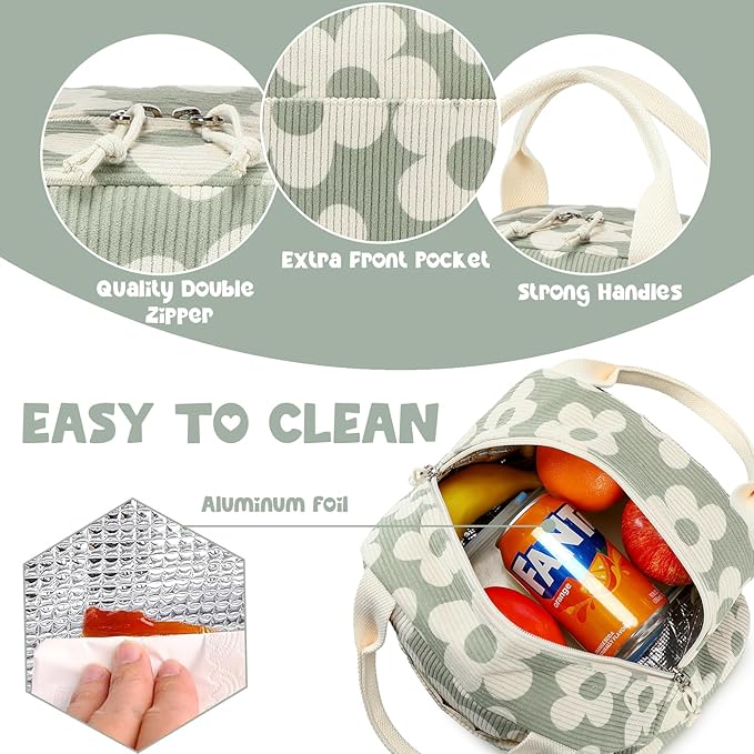 Bluboon Lunch Bag for Women Men Cute Corduroy Lunch Tote Bags Reusable Insulated Lunch Box Large Capacity Reusable Insulated Cooler for Work Picnic or Travel