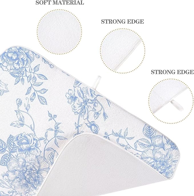 Baby Blue Chinoiserie Floral Dish Drying Mat 18 x 24 inch Vintage Flower Decorative Drying Mats Microfiber Absorbent Dish Washable Draining Mat for Kitchen Counter Decor