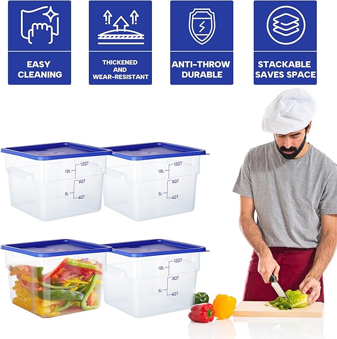 4 Pack Food Storage Containers, 12 Quart with Lids, Square Commercial Containers with Scale, NSF, Polycarbonate, Clear