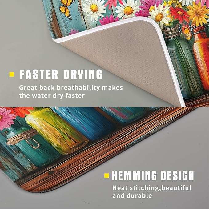 Botanical Flowers Dish Drying Mats 16x18 Inch,Colorful Daisy Mason Jar on Wood Plank Microfiber Quick-Dry Drainer Rack Absorbent Pad for Farmhouse Kitchen Countertop Sink Decor