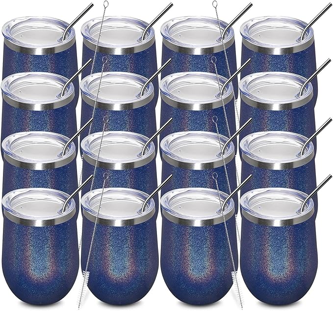 MEWAY 12oz/16 Pack Wine Tumbler Glasses with Lid - Stemless Double Wall Vacuum Stainless Steel Glitter Tumbler - Keeping Cold & Hot Cup for Coffee,for Women(Rainbow Navy,Set of 16)