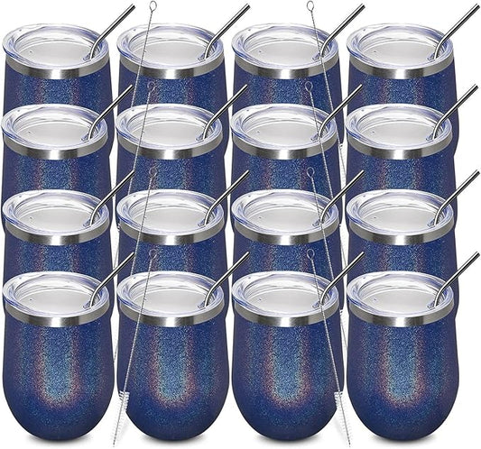 MEWAY 12oz/16 Pack Wine Tumbler Glasses with Lid - Stemless Double Wall Vacuum Stainless Steel Glitter Tumbler - Keeping Cold & Hot Cup for Coffee,for Women(Rainbow Navy,Set of 16)