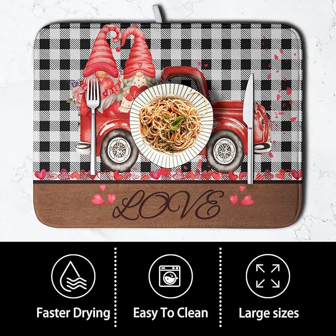 Valentine's Day Dish Drying Mats for Kitchen Counter, Buffalo Plaid Truck Kitchen Drying Mat, Love Heart Gnome Absorbent Dishes Pad 18 x 24 Inch - Farmhouse Decor Valentines Gift