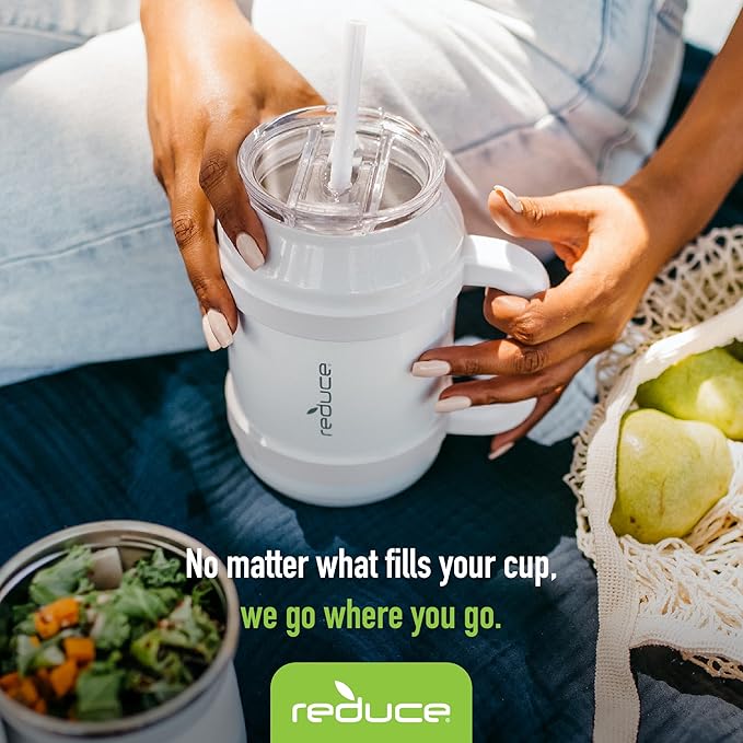 REDUCE Reusable 32 oz Cold1 Water Tumbler – Ergonomic Handle – Double-Wall Insulation – Sturdy Desktop/Tabletop Mug with Lid and Straw – BPA-Free – Stainless Steel for Gym, Home, or Office– Cotton