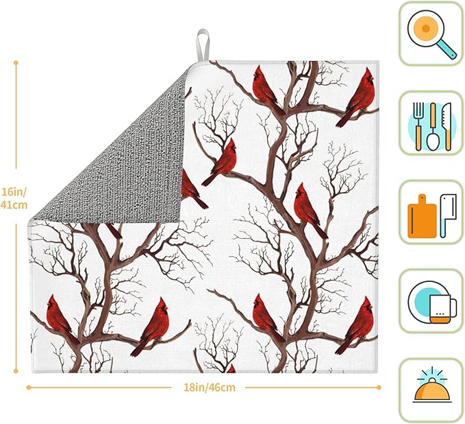 Winter Cardinal Birds Dish Drying Mat for Kitchen Counter Washable Absorbent Drying Mat Reversible Microfiber Drying Pad Home Holiday Decor Kitchen Accessories 16"x18"